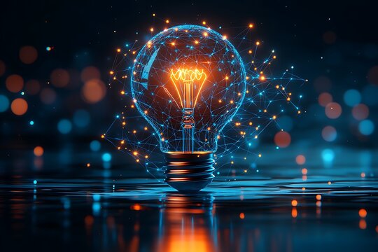 Illuminating Innovation: A vibrant, glowing lightbulb symbolizes ideas, innovation, and technological advancement. The intricate network of connections.