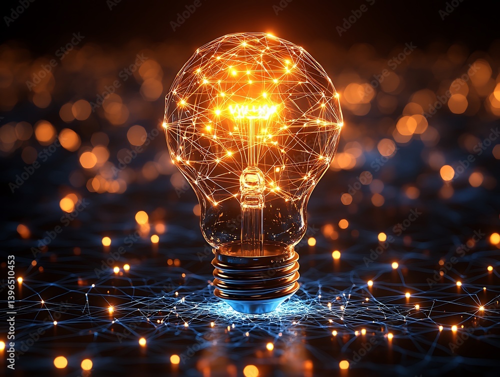 Poster illuminated idea: a radiant lightbulb bursts with conceptual brilliance, its inner workings visualiz