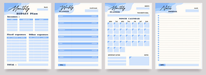 Monthly, weekly , daily set of  planners  template blanks, reminder, organiser, appointment, schedule, page, checklist, vector illustration