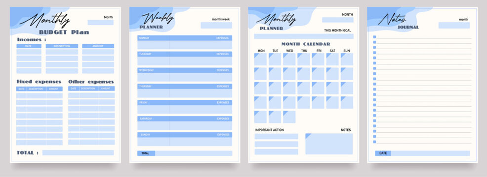 Monthly, weekly , daily set of  planners  template blanks, reminder, organiser, appointment, schedule, page, checklist, vector illustration