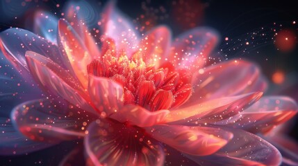 Radiant flower exudes ethereal energy and glowing light in a tranquil cosmic atmosphere
