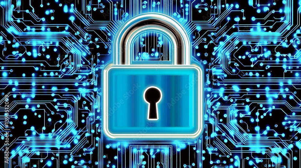 Poster digital fortress: a captivating depiction of digital security with a glowing padlock superimposed ov
