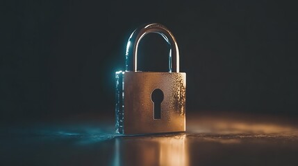 Fototapeta premium Cybersecurity symbol: A modern, photorealistic image of a closed padlock illuminated by strategic lighting, symbolizing protection, data security, and confidentiality in a digital world.
