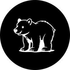 Stylized bear cub illustration within a circular black frame emblem design