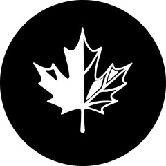 Stylized maple leaf icon on a solid black circular background symbol