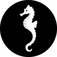Elegant seahorse silhouette floating in a simple dark circular composition