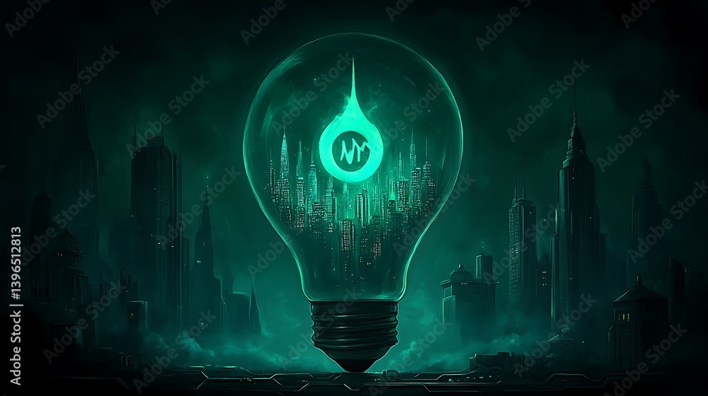 Poster illuminating innovation: a luminous, artistic rendering features a cityscape encapsulated within a r