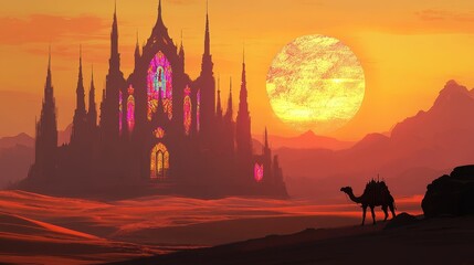 Naklejka premium A fantasy castle stands in a desert landscape with a camel and sunset.