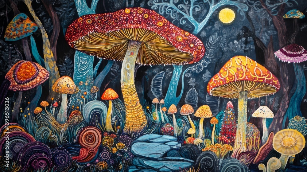 Poster colorful mushrooms in a forest setting with a moon in the background.