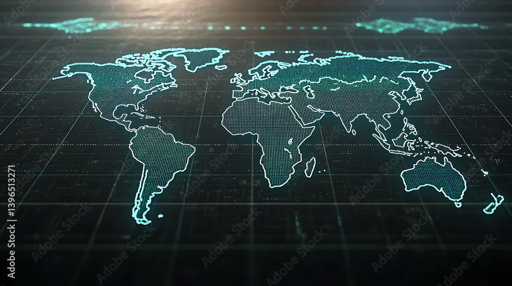 Poster world map: a digital illuminated map of the world, displaying a futuristic view on a dark background