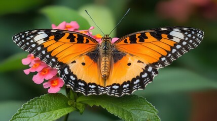 Obraz premium Closeup of an Orange Butterfly on Pink Flower