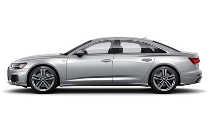 Side view of a silver color car, in silver color on a white background
