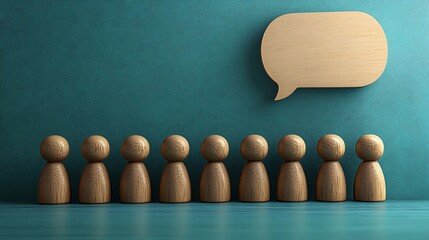 "The Dialogue of Unity: A collection of wooden figures stand in a row beneath a speech bubble, suggesting a shared thought process or collective voice in a simple conceptual image."