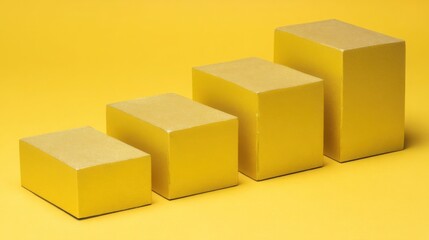 Fototapeta premium Three cubes on a yellow background symbolizing gold bars forming steps toward bitcoin and financial success pathways