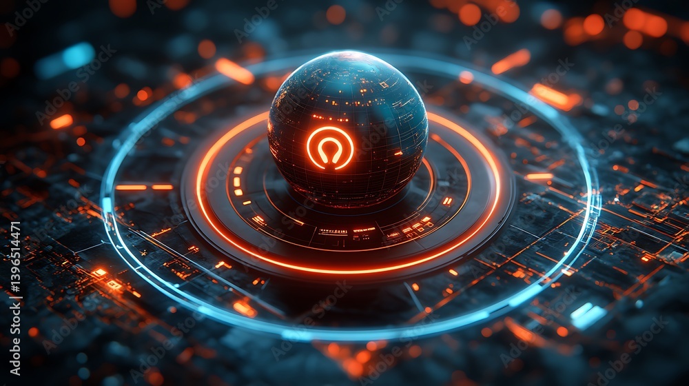 Poster technological core: a futuristic sphere pulsates with digital energy, resting on a circuit board pla