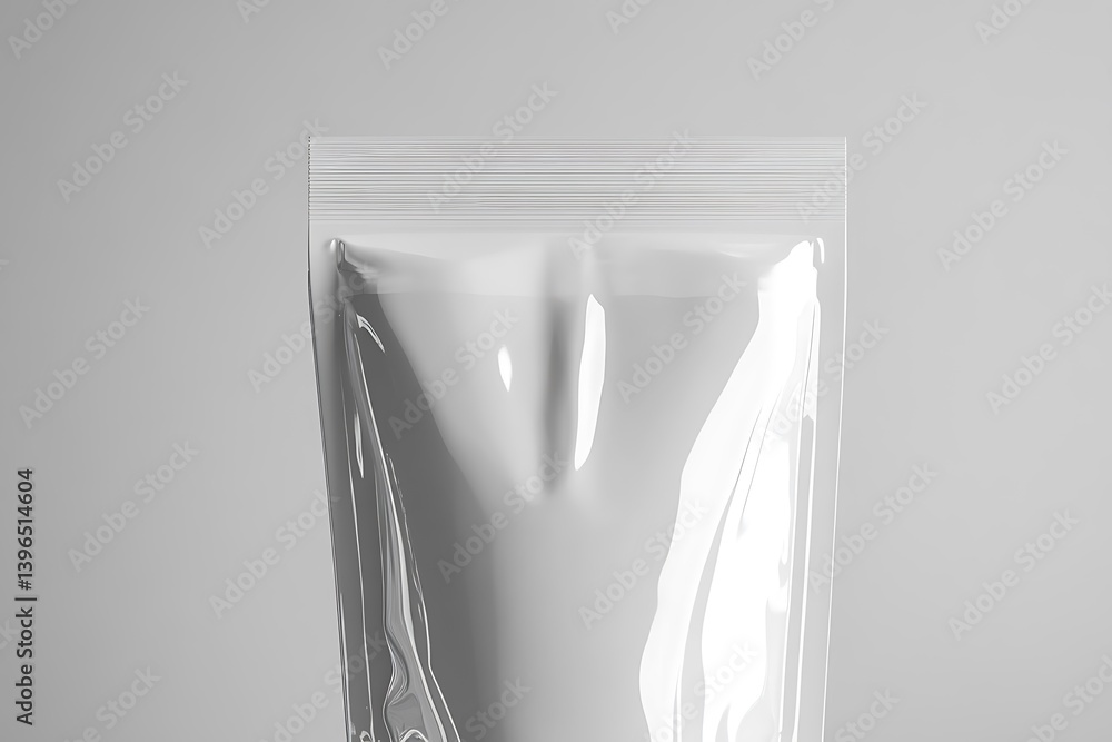 Aufkleber glossy resealable pouch on subtle gray backdrop transparent package texture detailing