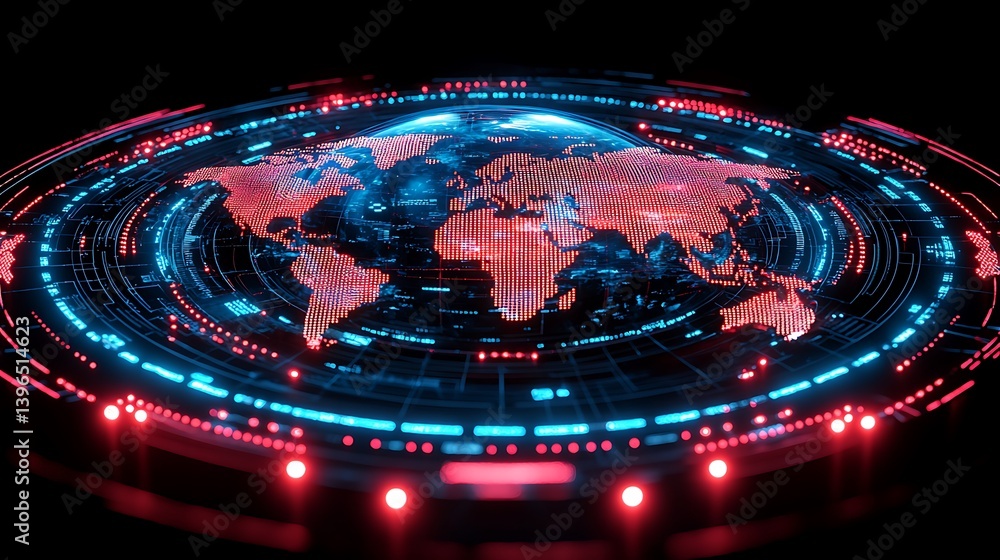 Poster global tech interface: a captivating image of the globe's landmasses is intricately mapped on a glow