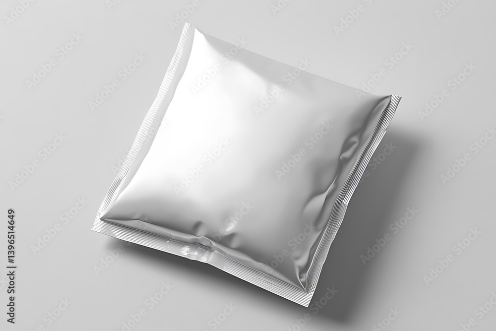 Poster glossy metallic pouch package mockup with sealed edges on a solid color background