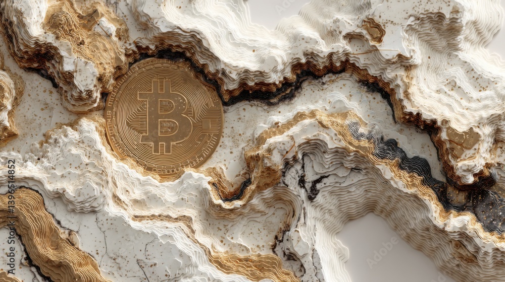 Aufkleber gold and bitcoin merging in a risk heatmap visualization on polished marble surface for financial an
