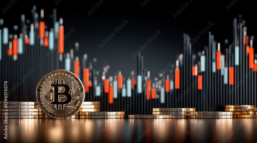 Poster bitcoin coin resting on top of a pile of coins with touchscreen display glowing bitcoin-gold trade c