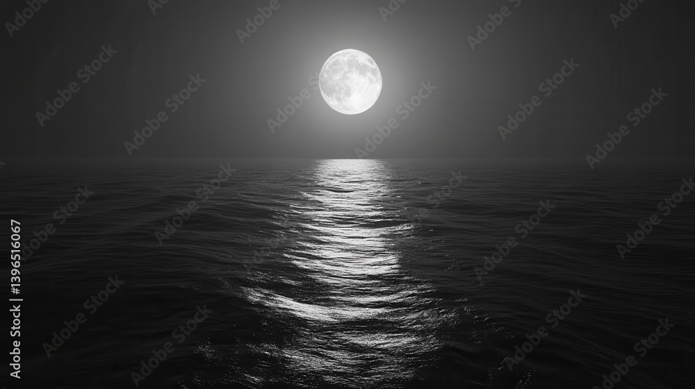 Poster a serene black and white scene of a full moon reflecting on calm ocean waters, creating a tranquil a
