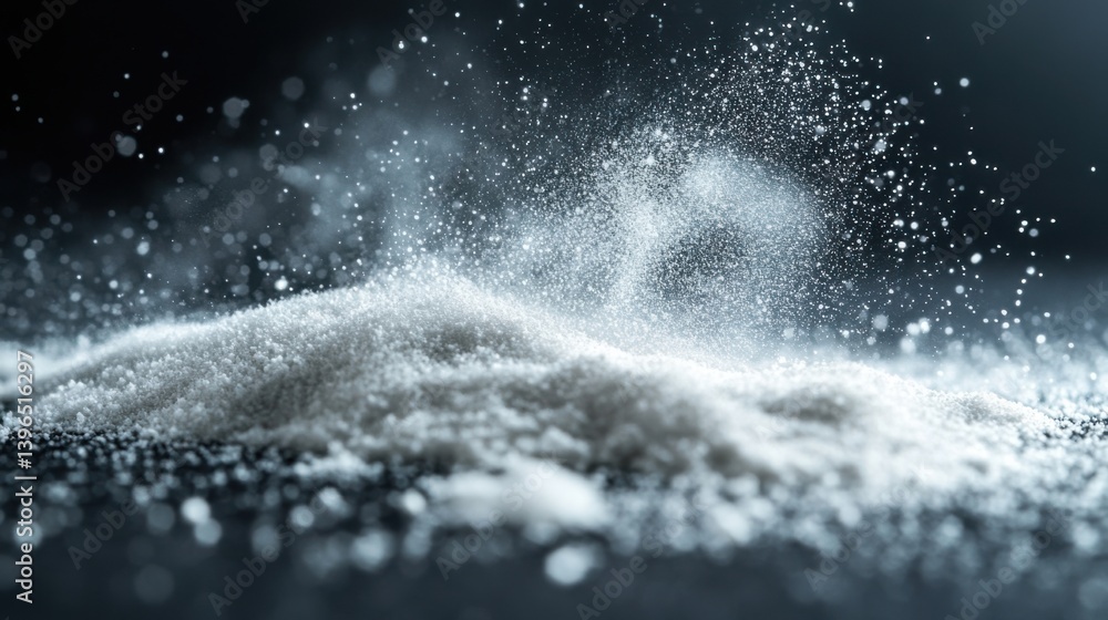Poster a close-up image of a fine powder, showcasing its texture and particles illuminated against a dark b