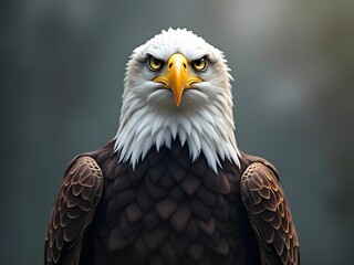 Obraz premium A majestic bald eagle, with its iconic white head and yellow beak, is the focus. The shallow depth of field isolates the eagle against a blurred gray background. High resolution and soft lighting.