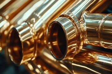 Naklejka premium Close-up of shiny brass pipes arranged in a stack, reflecting light in a workshop setting