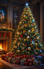Fototapeta premium A beautifully decorated Christmas tree adorned with twinkling lights and colorful ornaments stands tall, surrounded by an array of wrapped presents in festive paper beneath its branches.