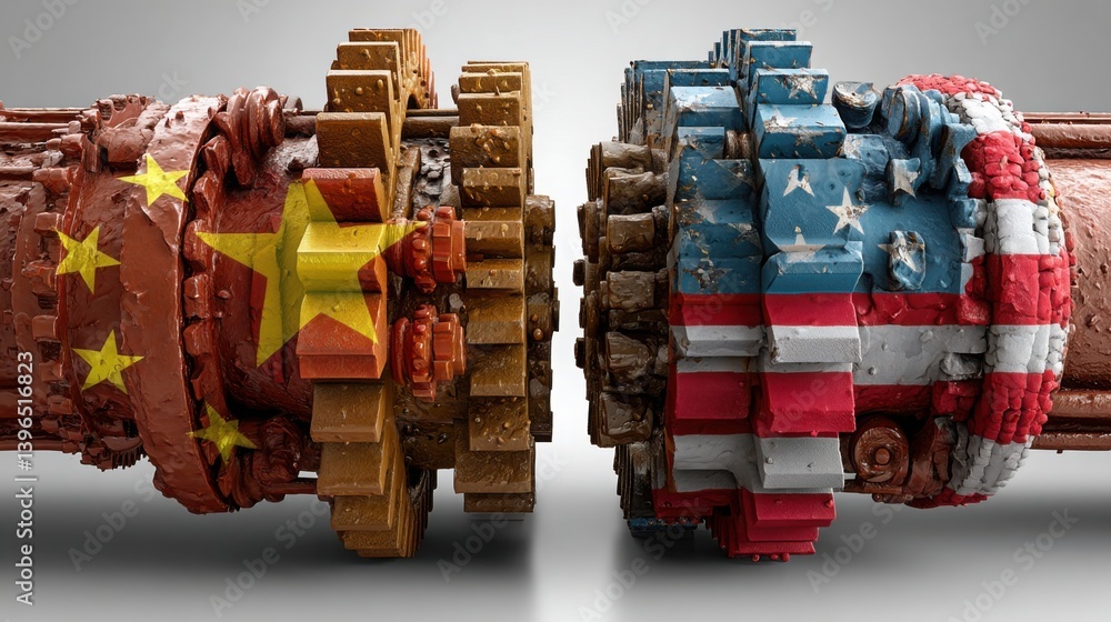 Poster a large red and blue robot symbolizing the interconnected economic dynamics and rivalry between the 