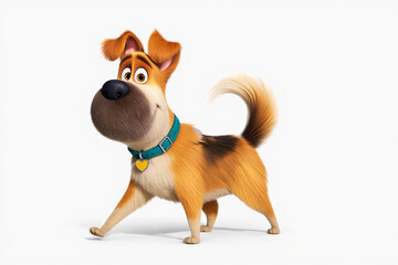 Playful 3D Dog with Collar Isolated on White Surface