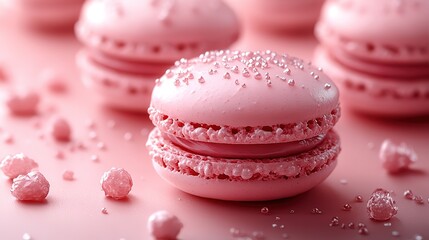 Delicate pink macarons adorned with sugar crystals on a matching backdrop