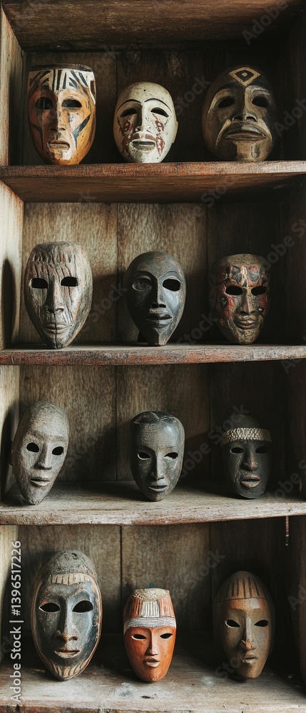 Poster shelves display multiple face masks some appearing ancient or theatrical in style.
