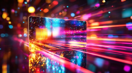 A vibrant, futuristic credit card glows amidst colorful streaks of light, creating a dynamic and tech-inspired visual effect.