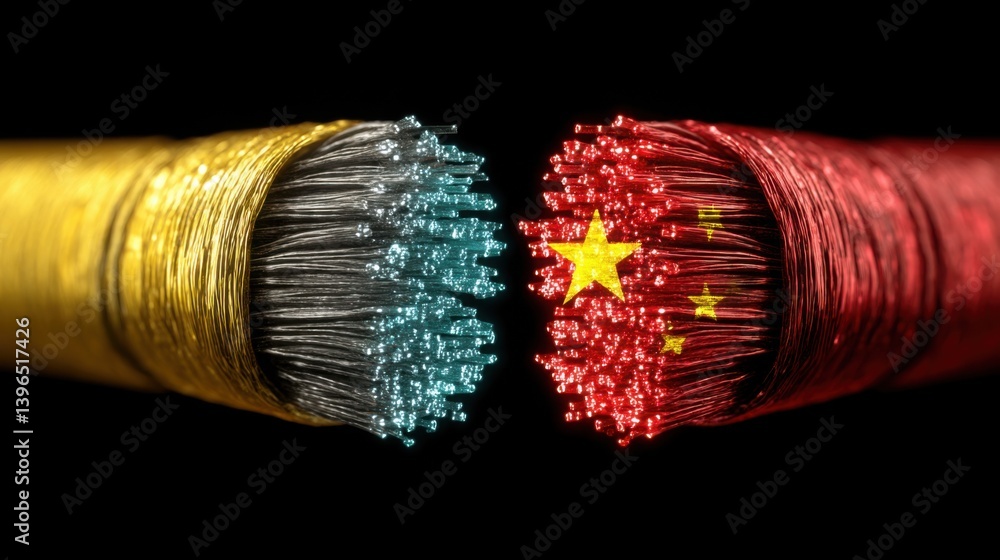Poster a pair of wires colored like the chinese flag illustrating modern data streams and the intersection 