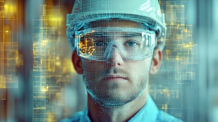 Worker with safety gear. Virtual interface overlays a face. Technology future