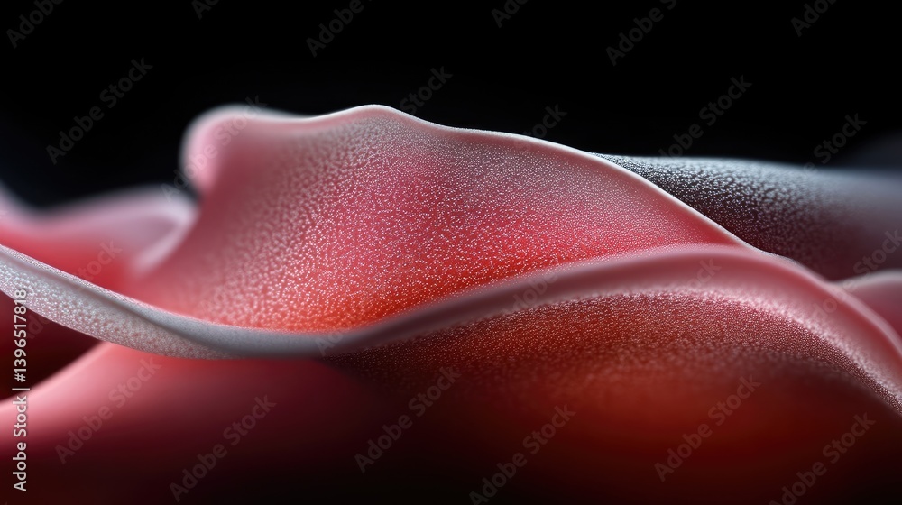 Poster abstract, textured, undulating form in soft pink and red hues. close-up view showcasing a dynamic, f
