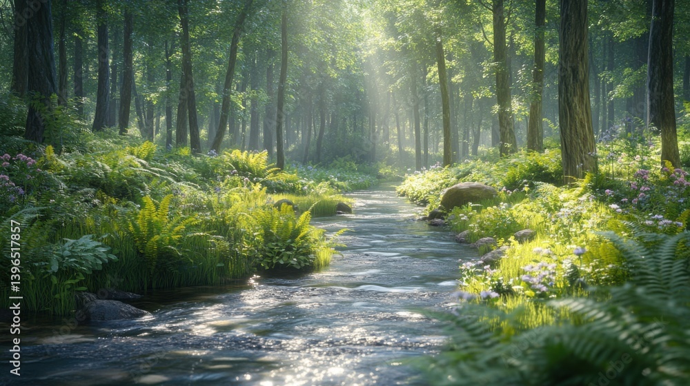 Poster a serene forest scene featuring a stream winding through lush greenery and illuminated by soft sunli