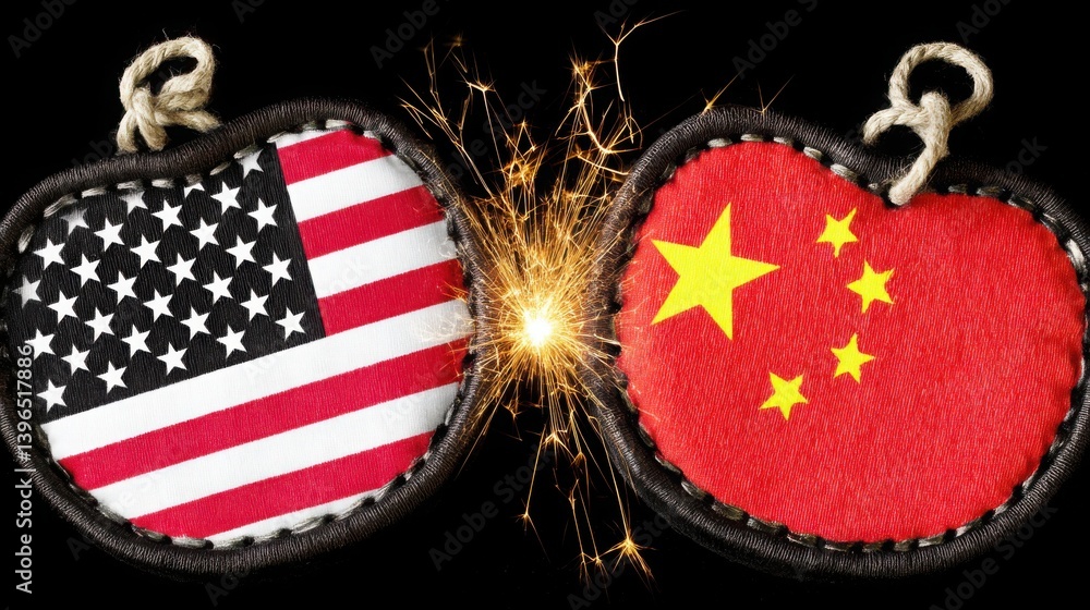 Poster heart-shaped flags of usa and china sparkling with energy representing love and unity in a global co