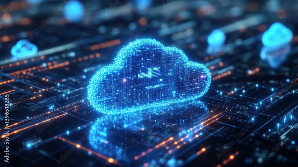 Poster a futuristic, digital cloud icon surrounded by glowing data streams, representing cloud computing an