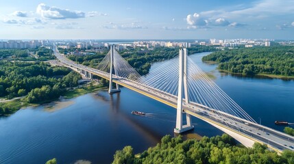 Obraz premium Cable-stayed bridge spans a river with green trees and city skyline in background.