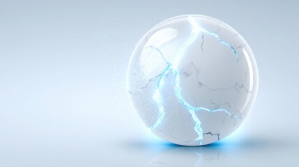 Cracked egg on a surface with a decorative glass sphere and glowing veins symbolizing fragility and duality in life