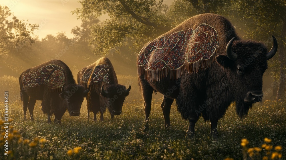 Aufkleber three bison graze in a field with trees in the background.