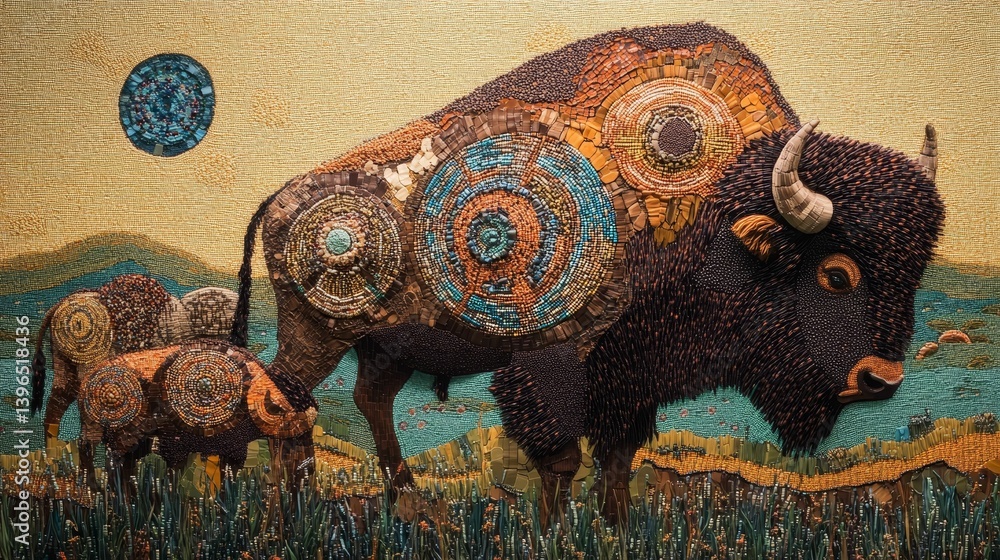 Aufkleber bison with decorative patterns stands in a grassy field with a smaller bison.