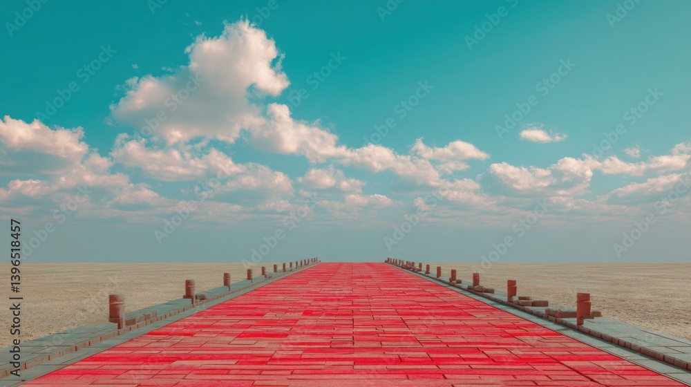 Poster a striking red walkway surrounded by a unique landscape symbolizing passion and direction in a surre