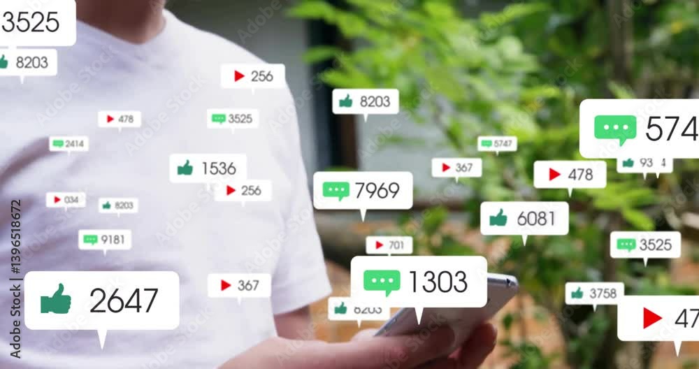 Poster using smartphone, person surrounded by animation of social media notifications in school