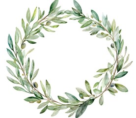 Watercolor sage green leaves wreath, simple and clean, on a white background in a clipart style, isolated 