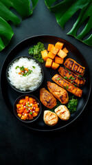 A vibrant plate of grilled chicken, fish, and vegetables served with rice, garnished with fresh herbs, on a dark background.