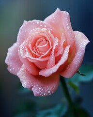 Delicate Pink Rose in Full Bloom with Dewdrops Against Soft Focus Background for Wedding Invitations and Romance Concepts