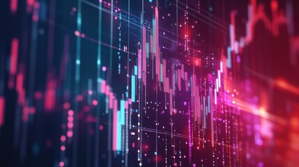 Obraz premium Abstract Financial Data Visualization, Dynamic Stock Market Charts in Neon Pink and Blue